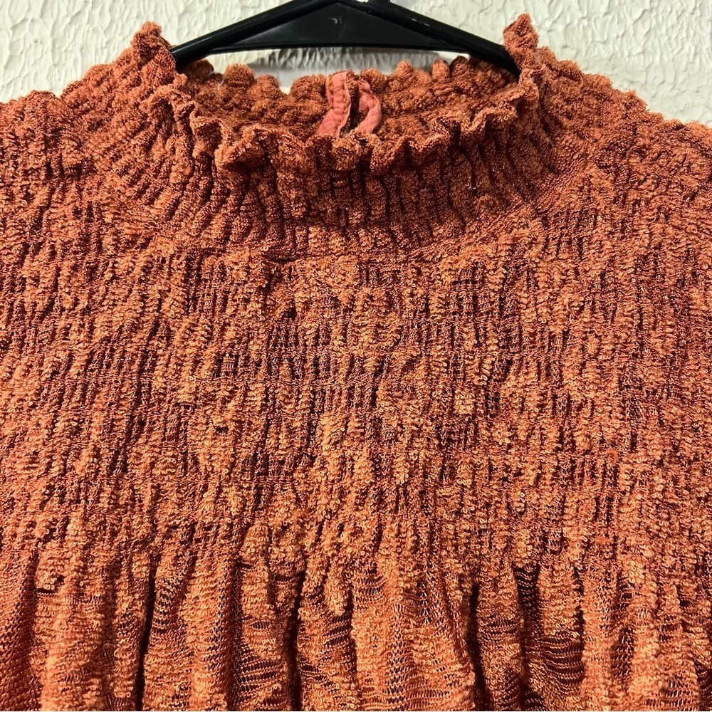 Deletta Anthropologie Rust Amana Burnout Sheer Smocked Mock Neck Top size small - Picture 3 of 13